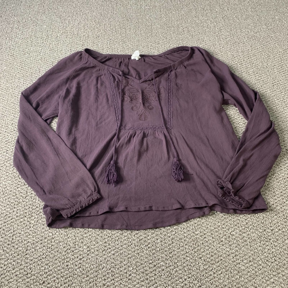 Others Follow Womens Blouse Top Size XS‎ Purple Embroidered Tasseled Neck